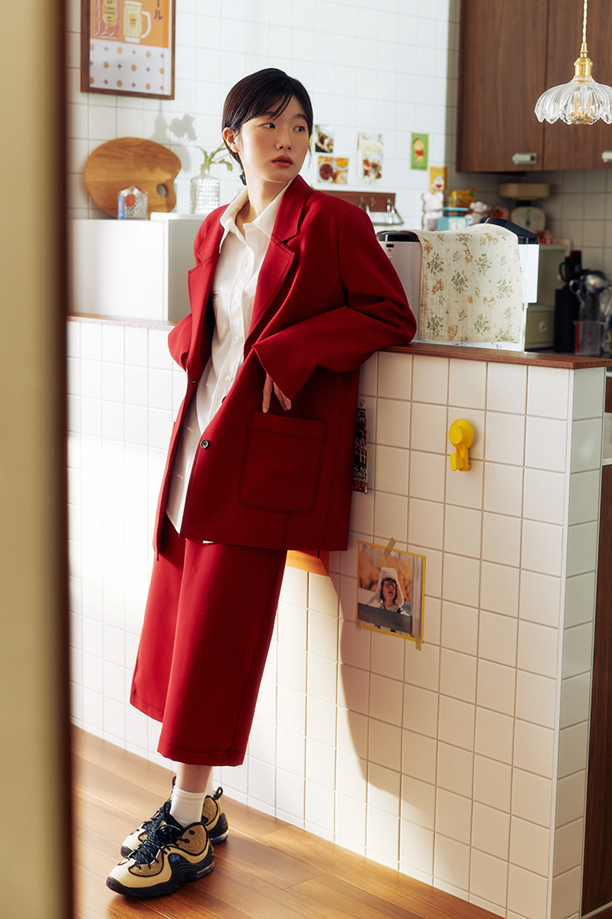 쿠키시(KOOKEESEE) 스티치 배색 TR자켓_레드와인