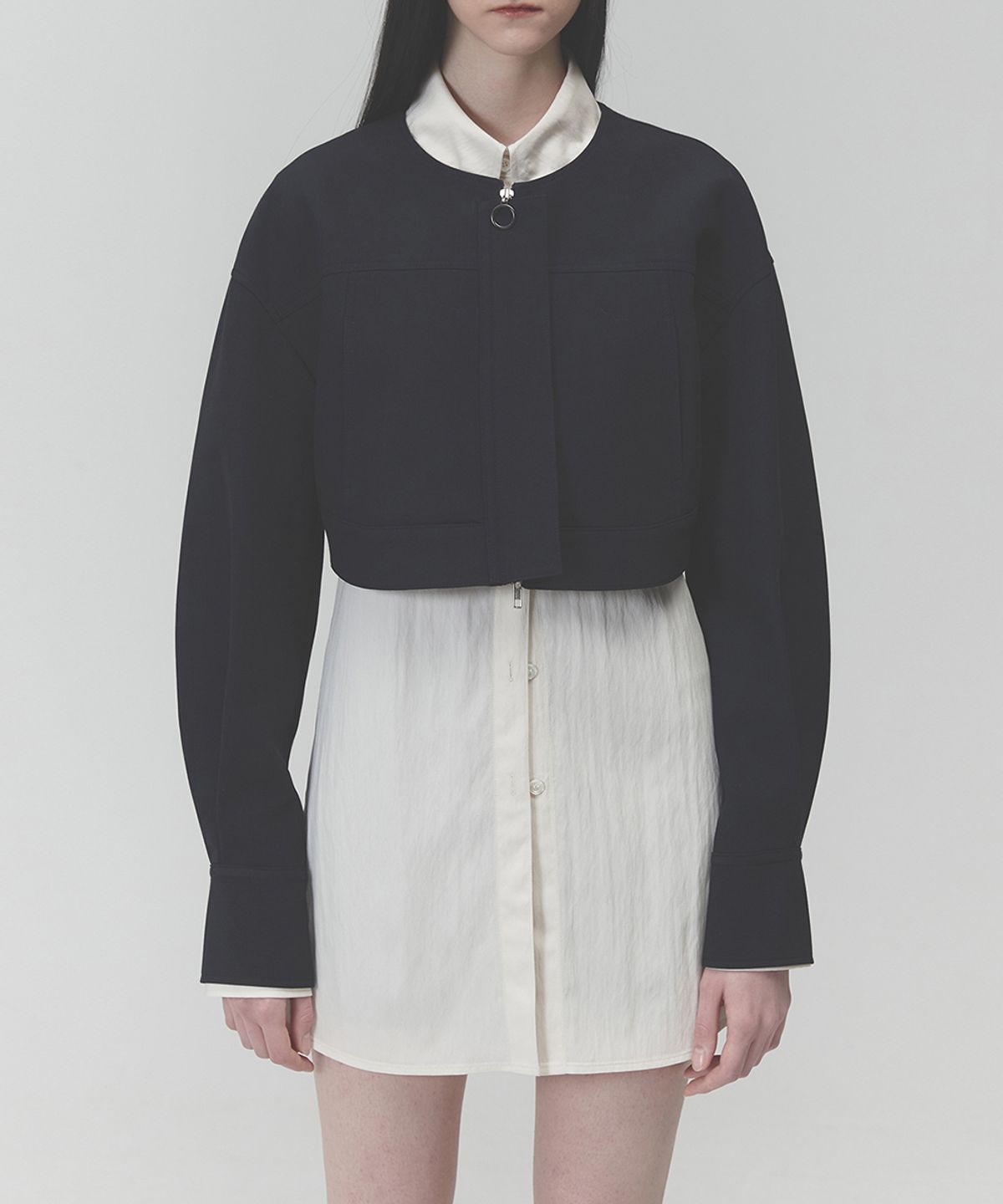 라클레르(RACLEUR) 논칼라 크롭 울 자켓[NAVY]