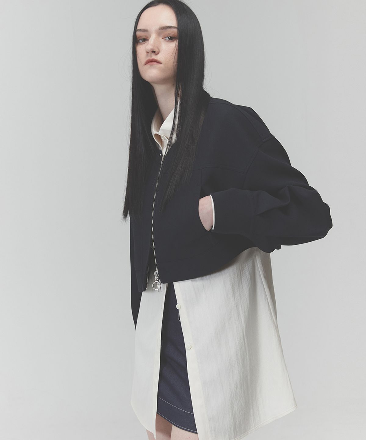 라클레르(RACLEUR) 논칼라 크롭 울 자켓[NAVY]