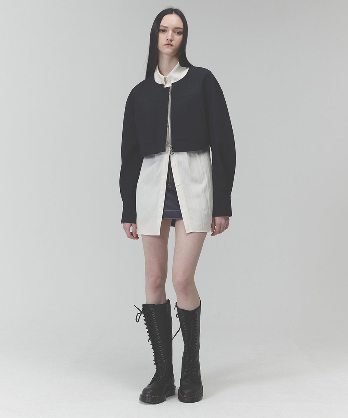 라클레르(RACLEUR) 논칼라 크롭 울 자켓[NAVY]