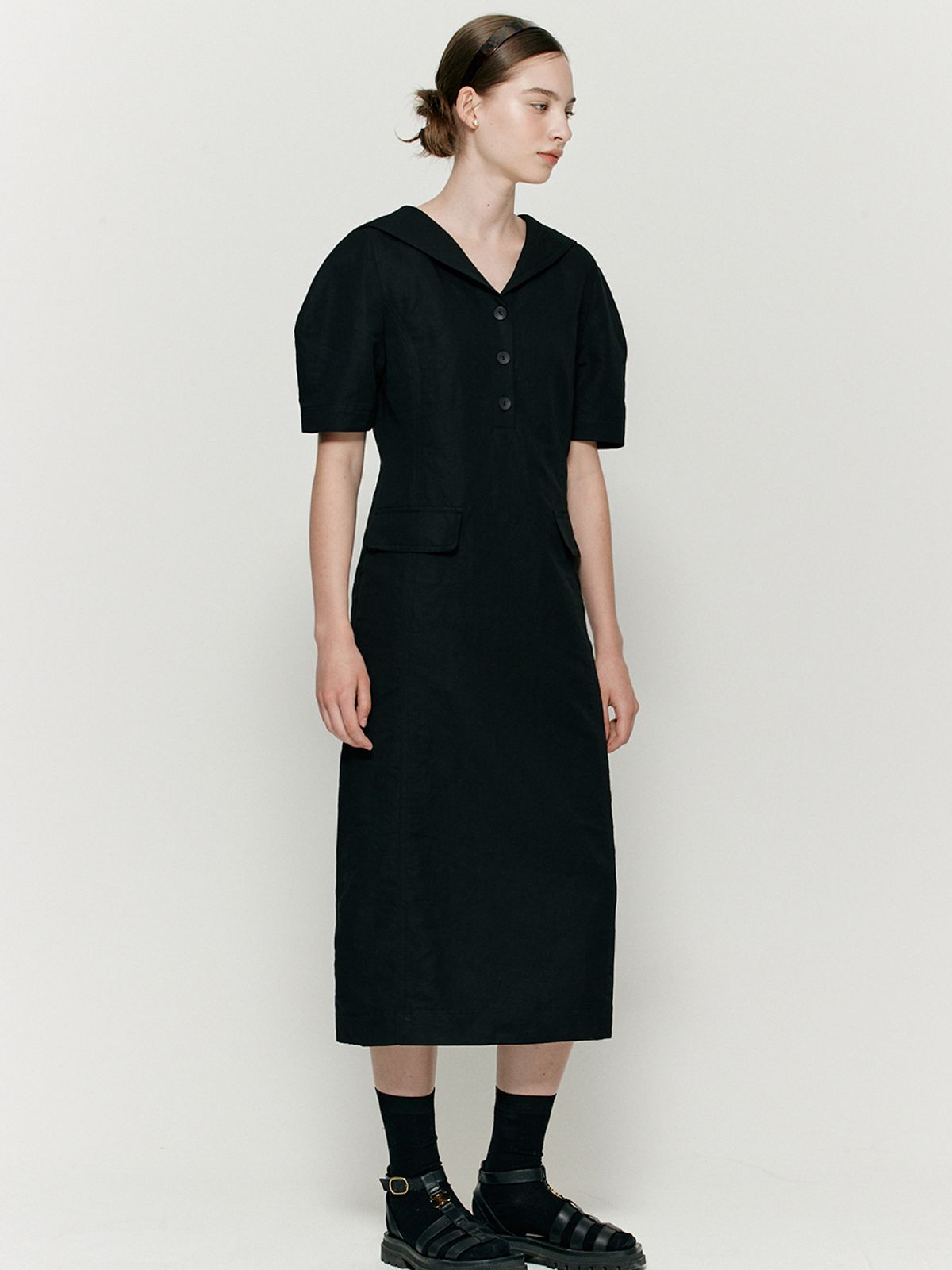 비뮤즈맨션(BEMUSE MANSION) Linen sailor collar dress - Black