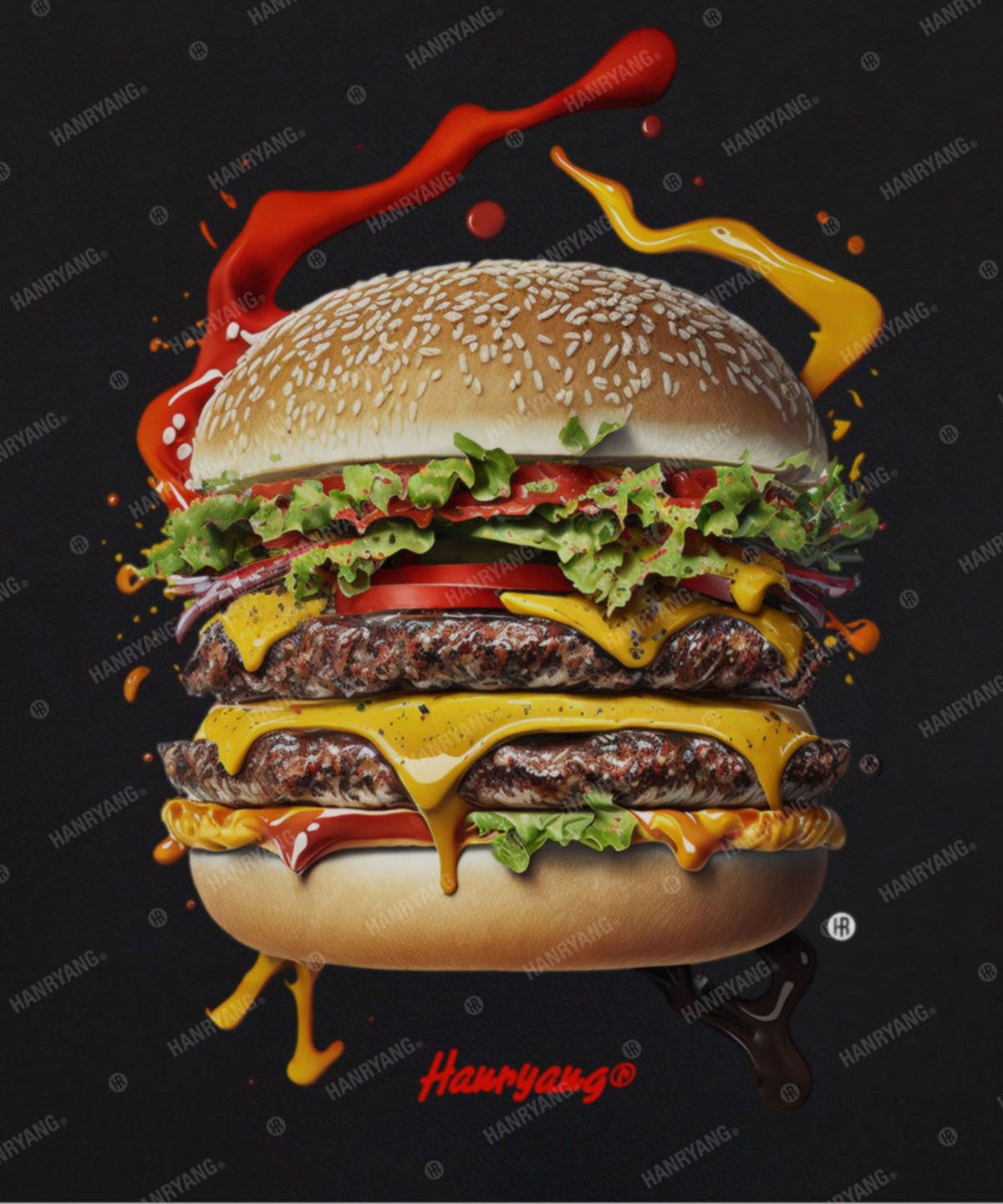 한량 컬렉티브(HANRYANG COLLECTIVE) HR® exciting day of delicious hamburger 햄버거 블랙 반팔 티셔츠