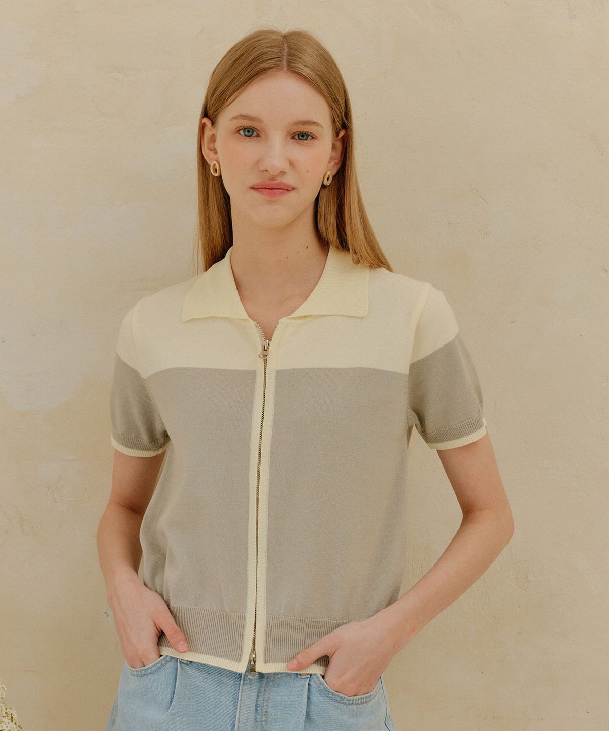 엽페(YUPPE) COLOR ZIP UP KNIT_BEIGE