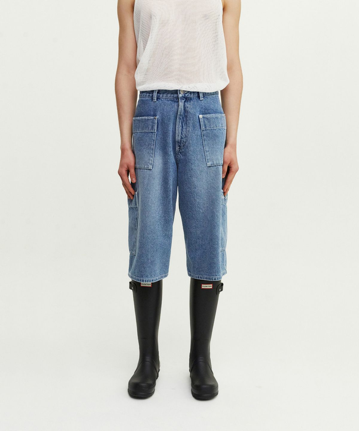 프롬아를(FROM ARLES) 유틸리티 포켓 빈티지 7부 데님 워싱 팬츠 / 블루