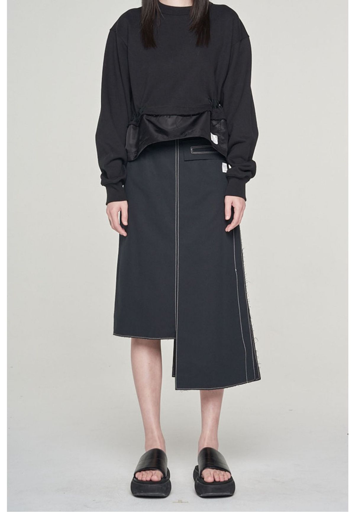 래코드(RECODE) [여성] Asymmetry Linen Midi Skirt_RQKAM23558BKX