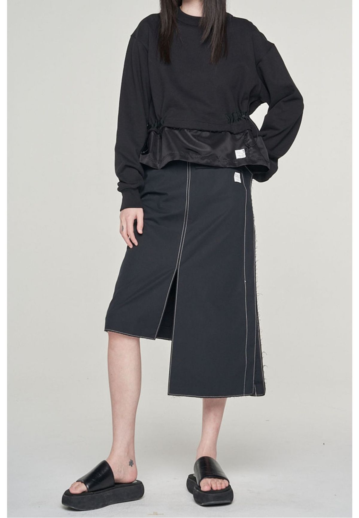래코드(RECODE) [여성] Asymmetry Linen Midi Skirt_RQKAM23558BKX