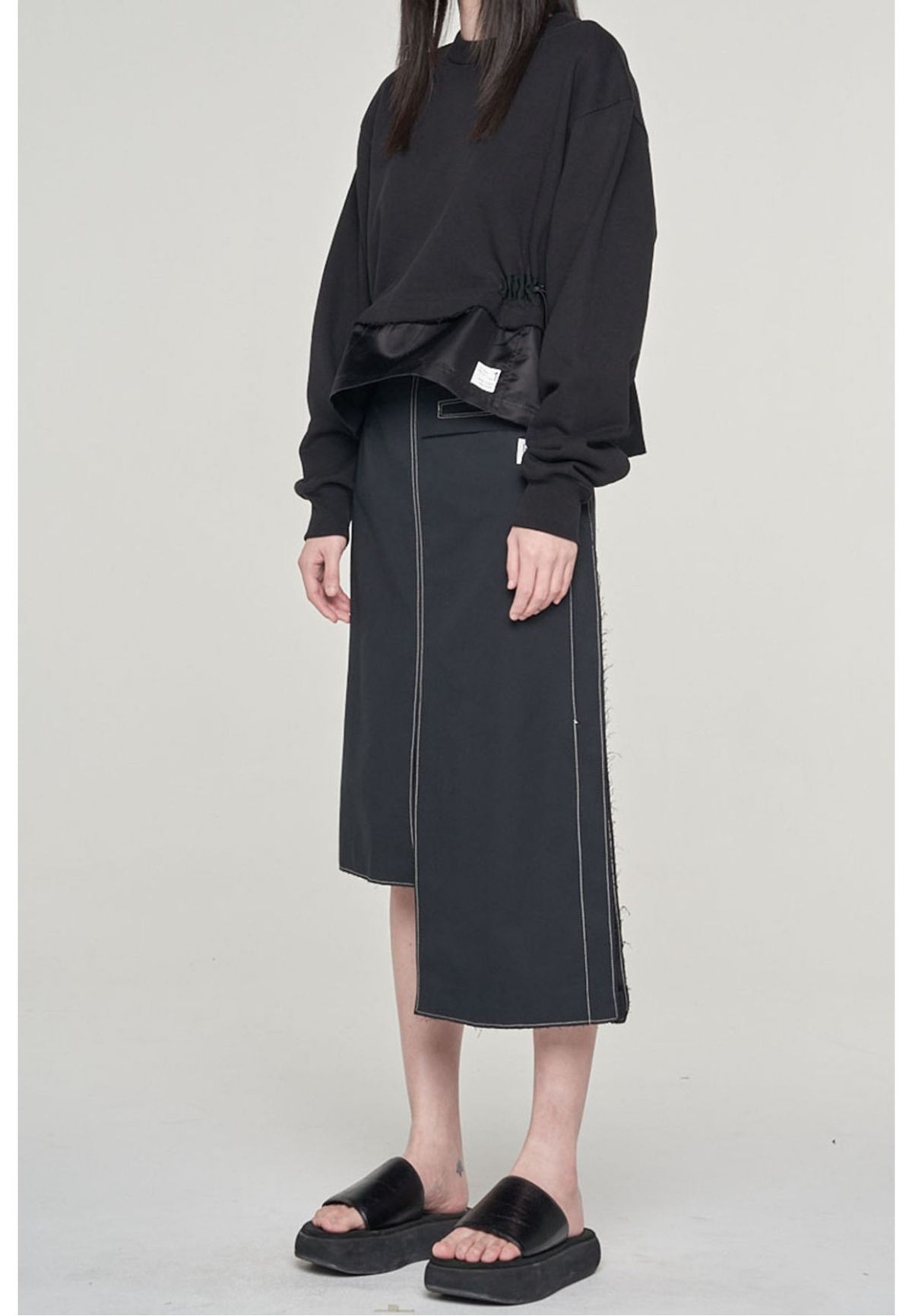 래코드(RECODE) [여성] Asymmetry Linen Midi Skirt_RQKAM23558BKX