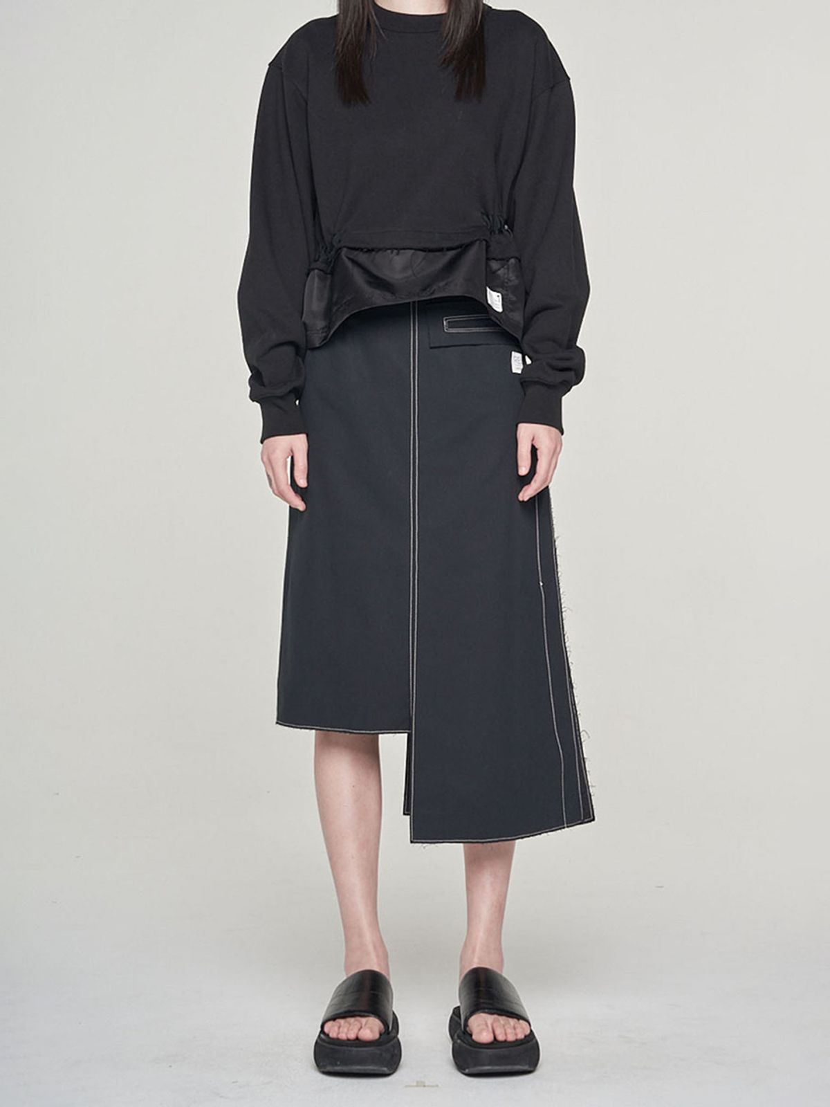 래코드(RECODE) [여성] Asymmetry Linen Midi Skirt_RQKAM23558BKX
