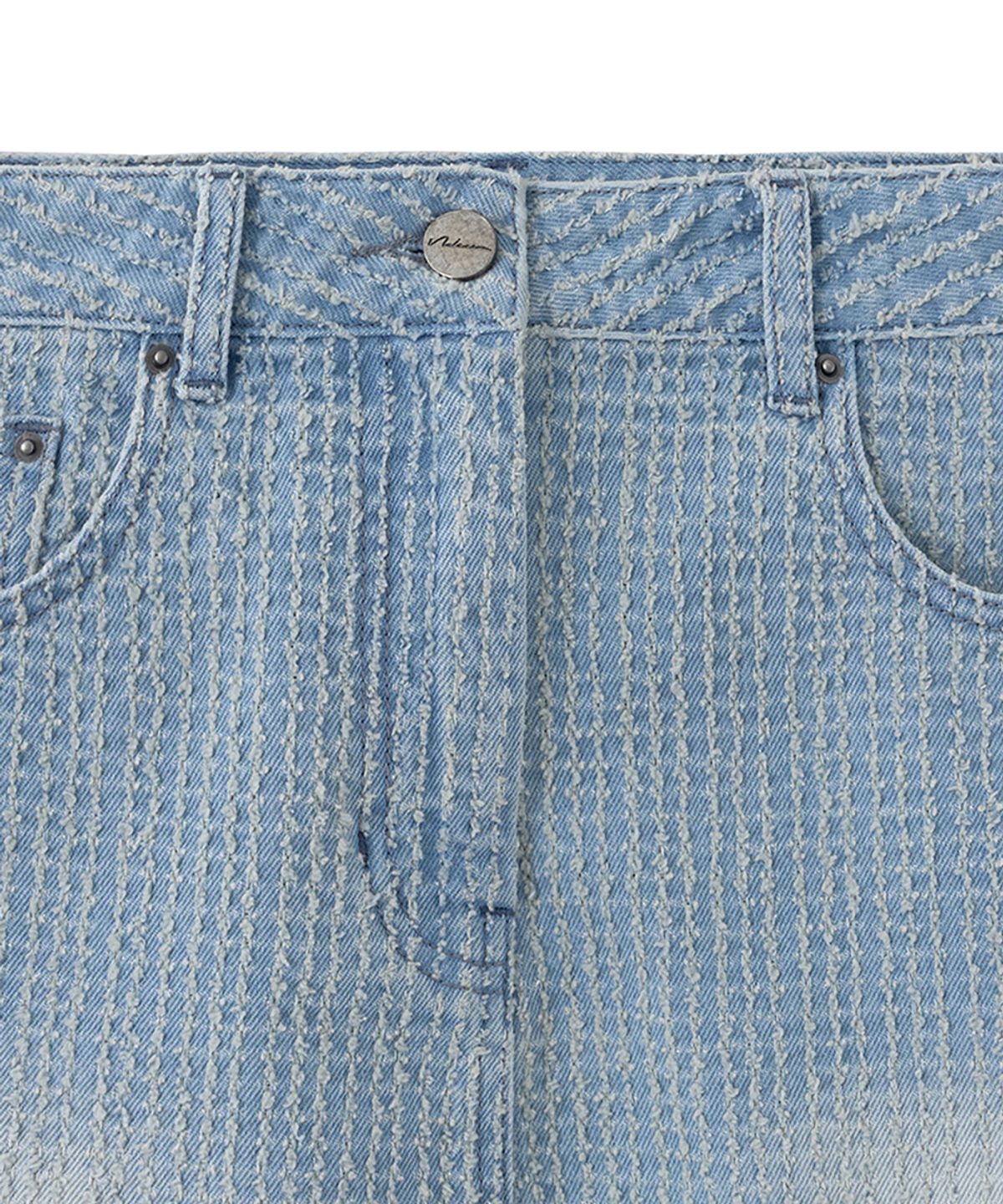 노이어 포 우먼(NOIRER FOR WOMAN) 데미지 스트라이프 데님 미니 스커트 (라이트블루)
