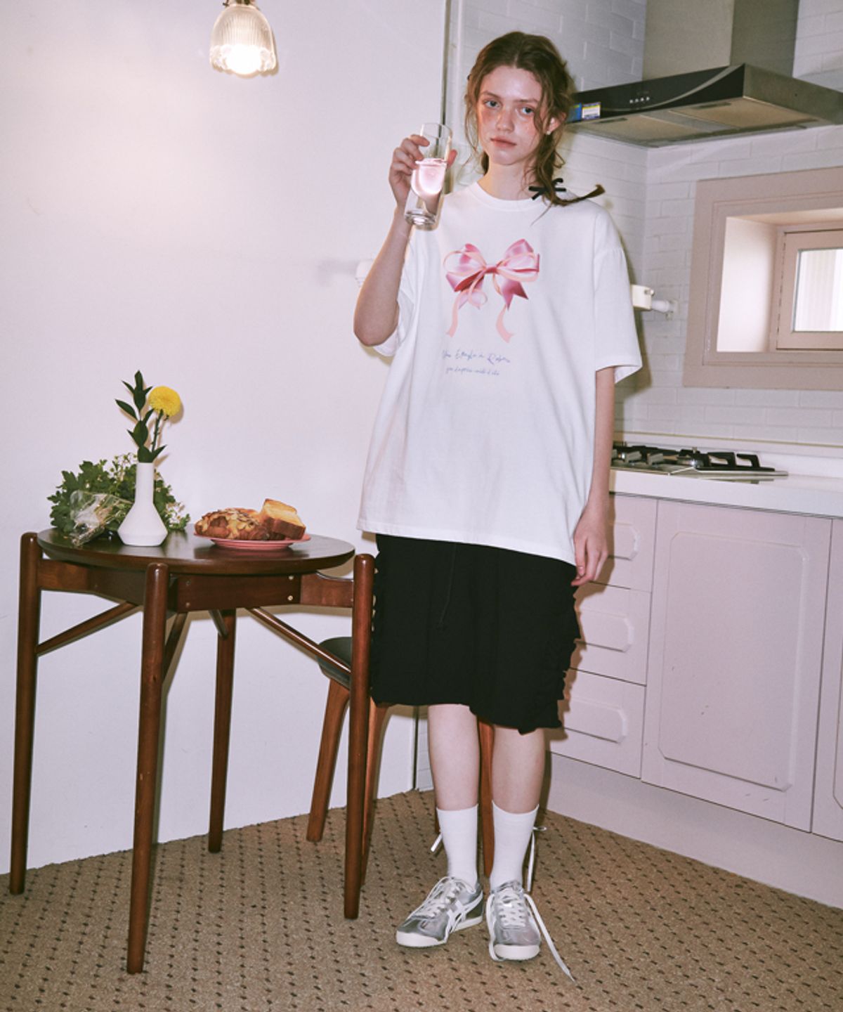 론론(RONRON) DOUBLE RIBBON OVER FIT T SHIRT WHITE