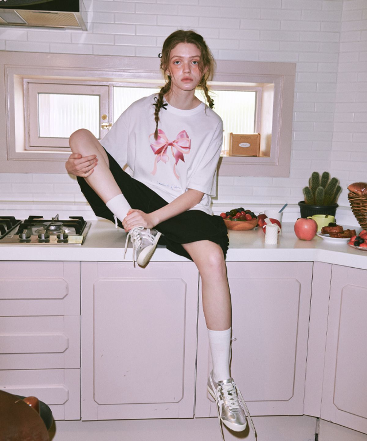 론론(RONRON) DOUBLE RIBBON OVER FIT T SHIRT WHITE