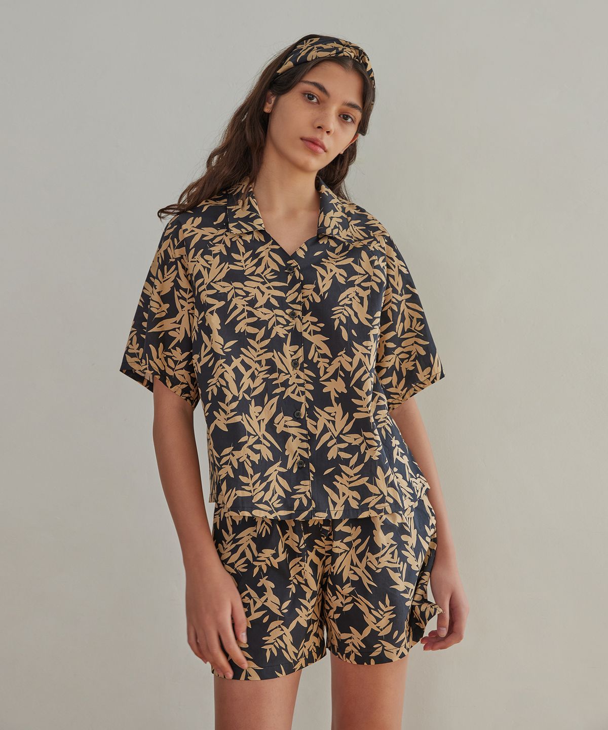 아템포(ATEMPO) BALI PAJAMA COUPLE SET_leaf sugarblack
