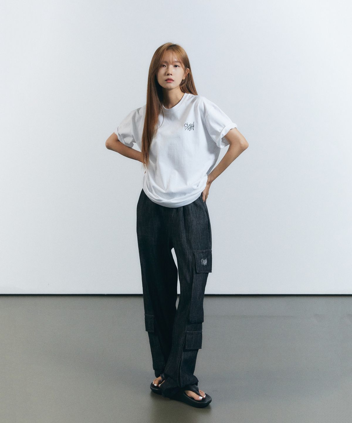 슬로우 레코드 하우스(SLOW RECORD HOUSE) [여름원단] 빅 포켓 카고 데님 팬츠_블랙