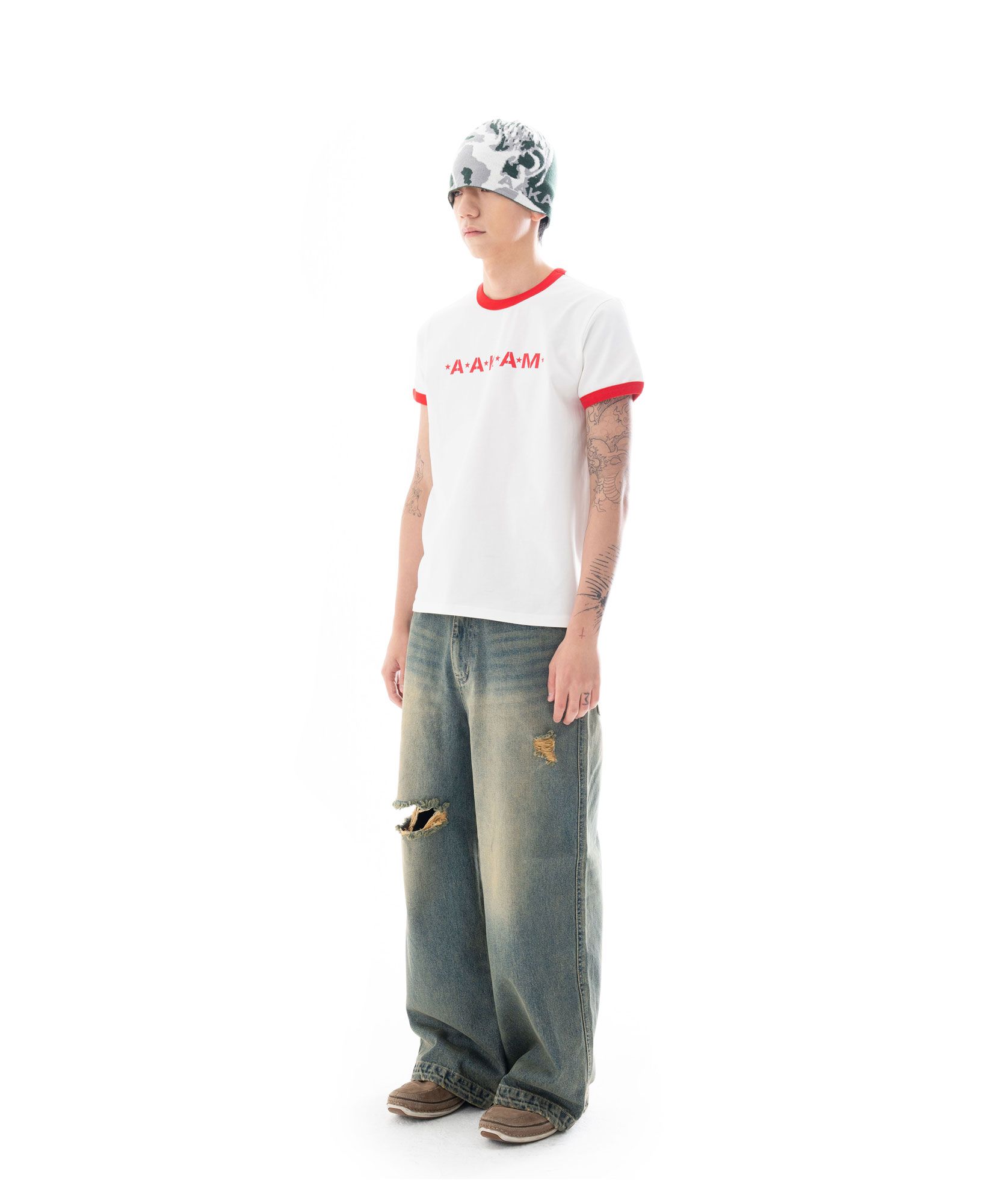 ◆AAKAM◆ Distressed Denim Pants Blue MUSINSA | AAKAM Distressed Camo Patch Denim Pants (Blue)