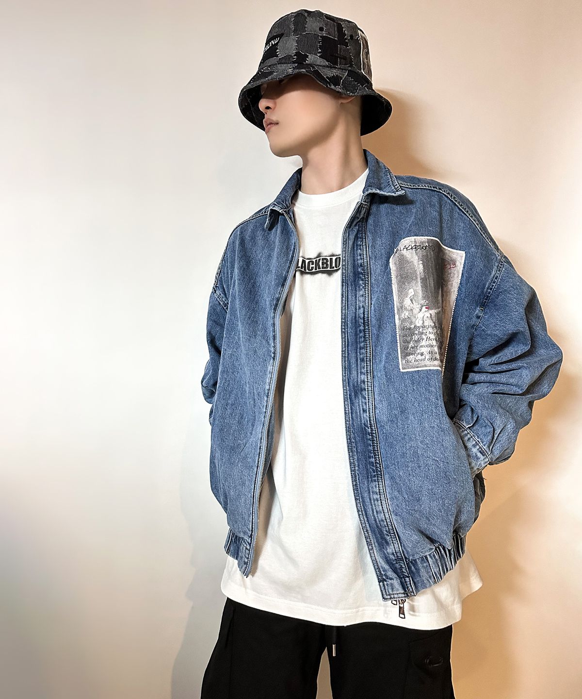 블랙블론드(BLACKBLOND) 비비디 디에퍼리션 패치워크 데님 버킷 햇 (블랙)