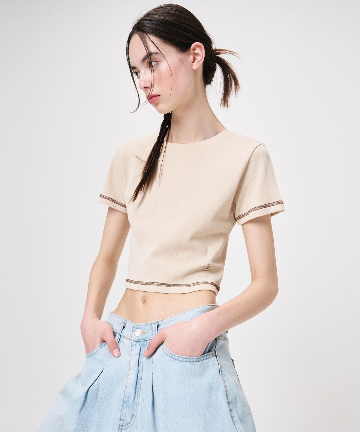 에트몽(ETMON) Pigment Stitch Detail T-Shirt, Beige