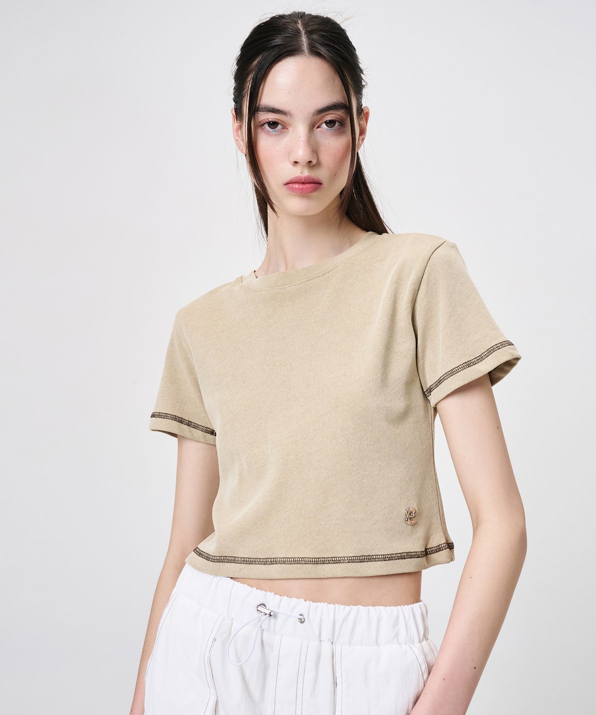 에트몽(ETMON) Pigment Stitch Detail T-Shirt, Khaki