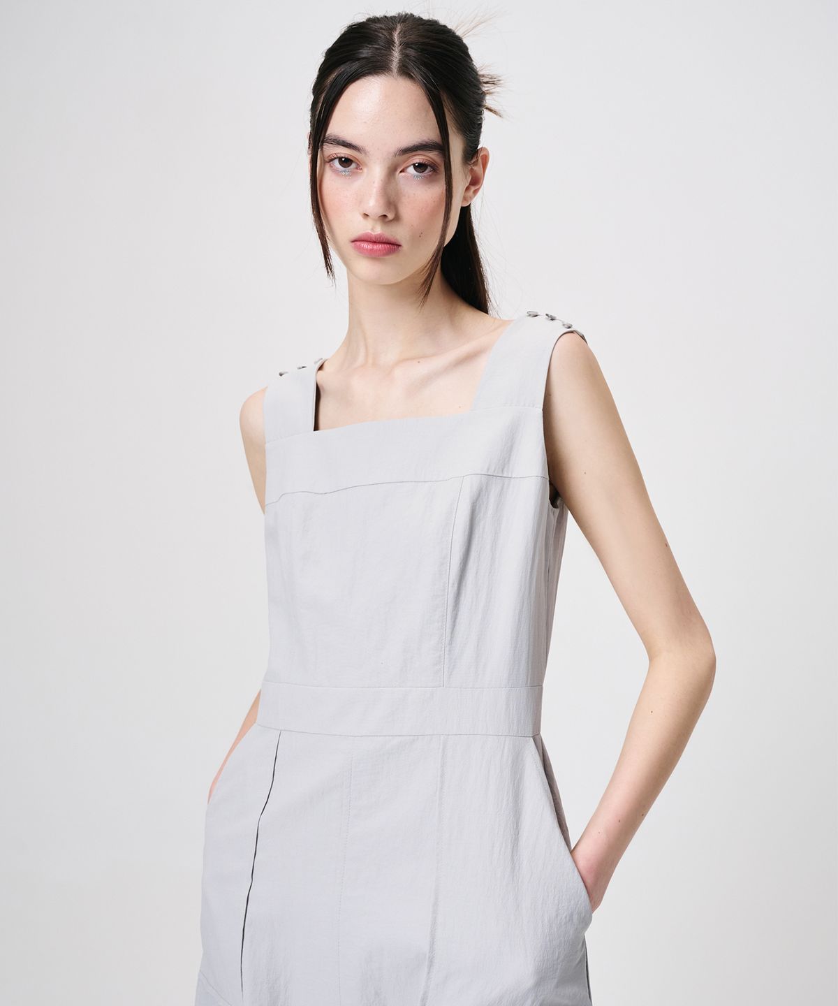 에트몽(ETMON) Shoulder Button Sleeveless Dress, Light Blue