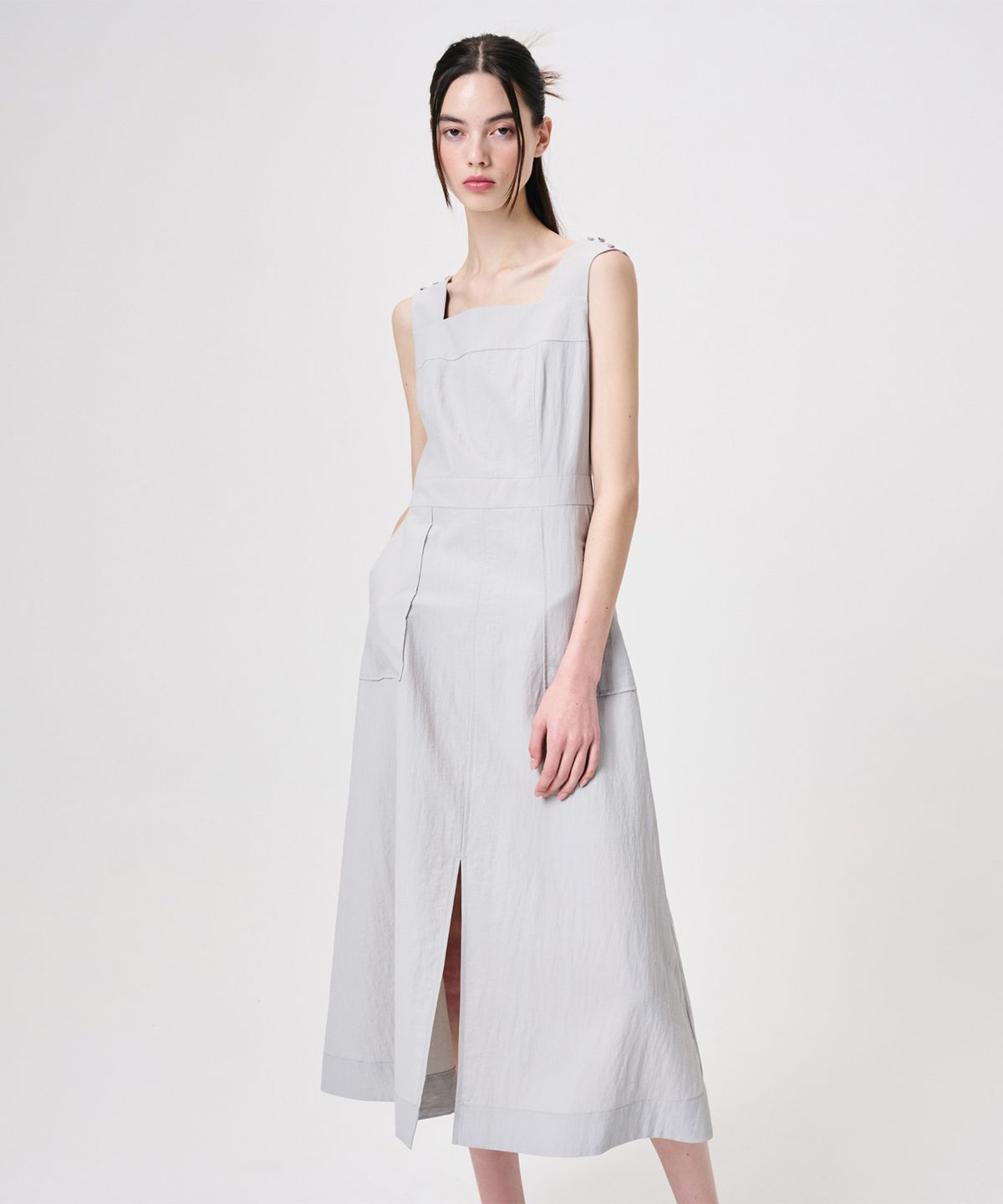 에트몽(ETMON) Shoulder Button Sleeveless Dress, Light Blue