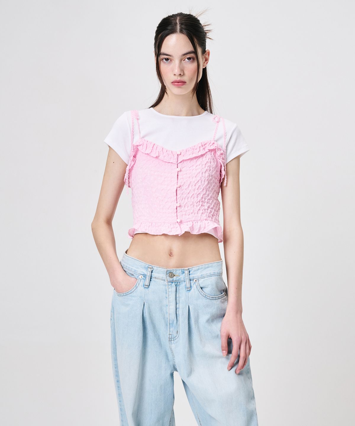 에트몽(ETMON) Frill Button Sleeveless Blouse, Pink