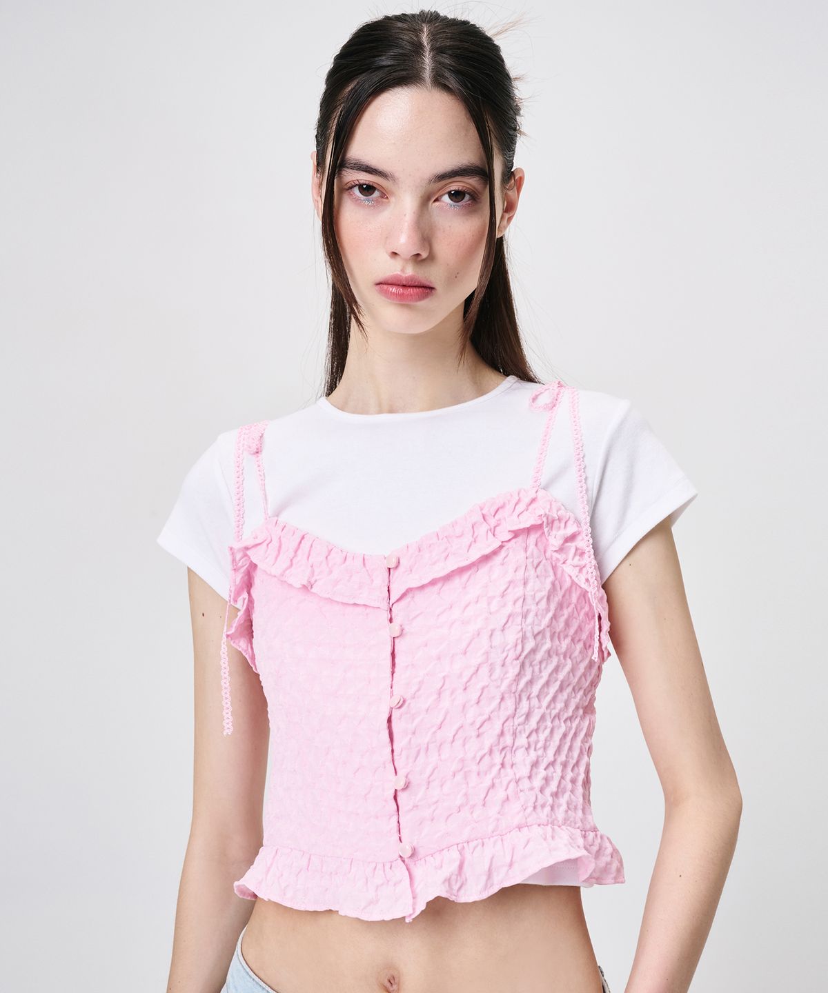 에트몽(ETMON) Frill Button Sleeveless Blouse, Pink
