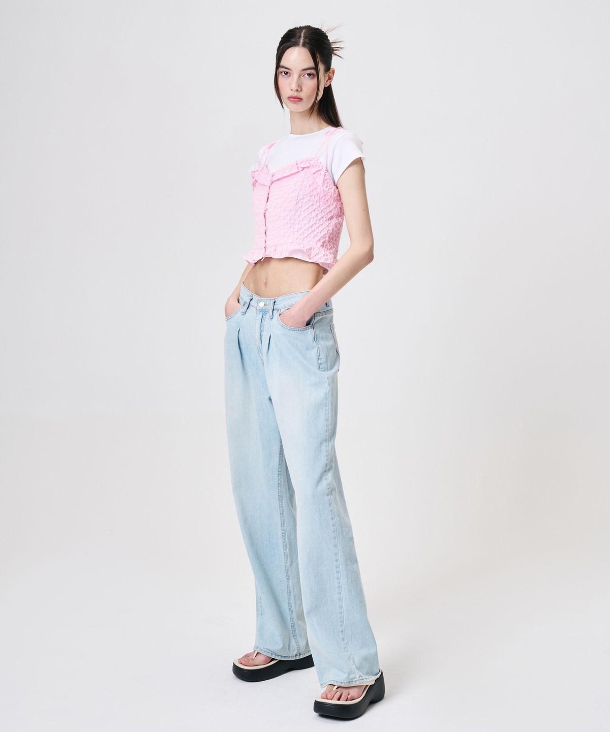 에트몽(ETMON) Frill Button Sleeveless Blouse, Pink