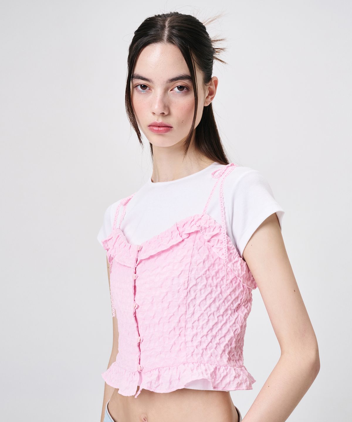 에트몽(ETMON) Frill Button Sleeveless Blouse, Pink