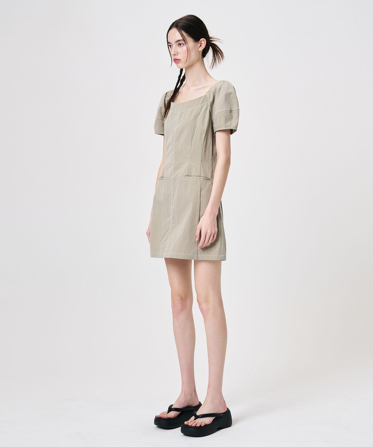 에트몽(ETMON) Stitch Puff Mini Dress, Light Khaki
