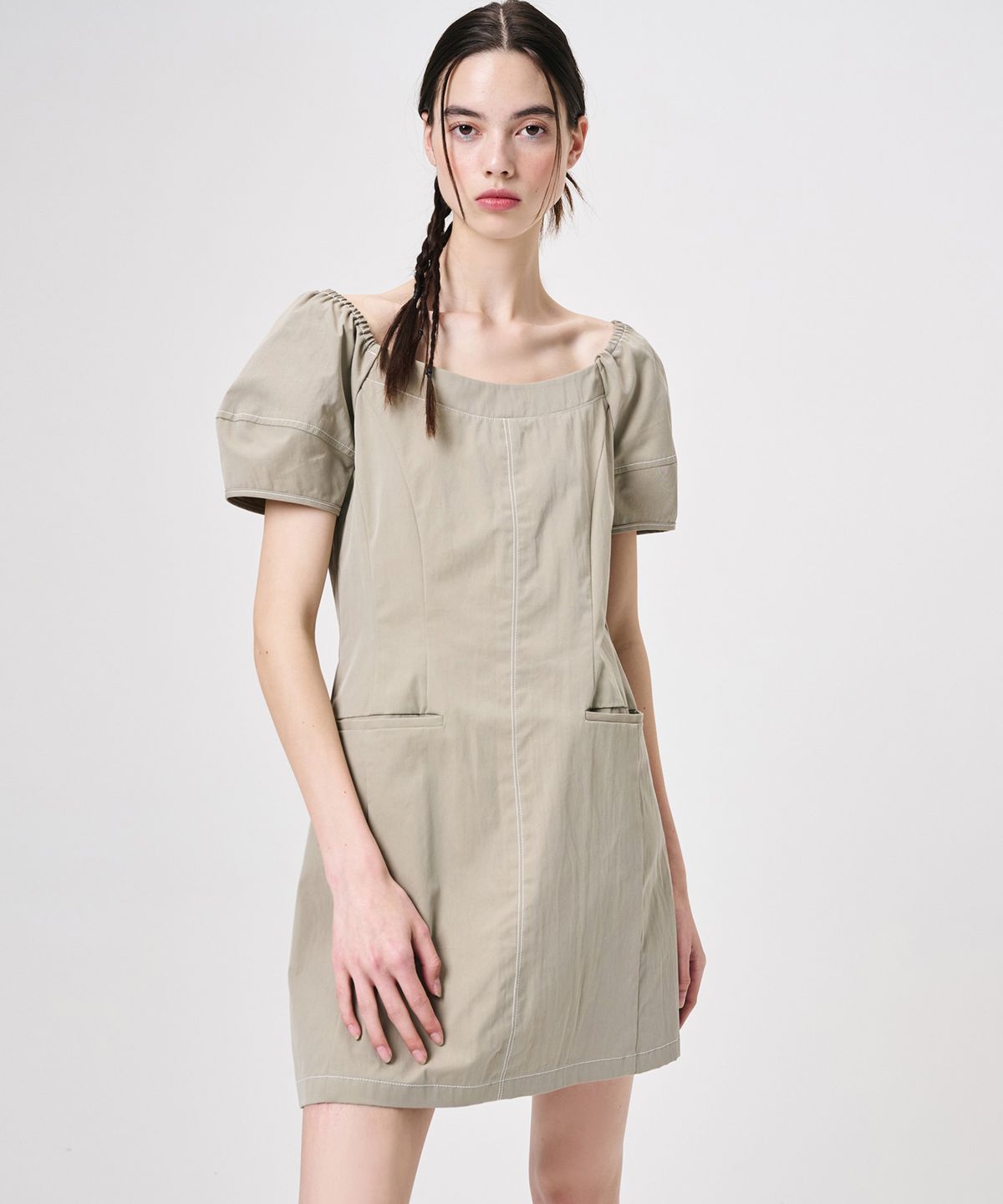 에트몽(ETMON) Stitch Puff Mini Dress, Light Khaki