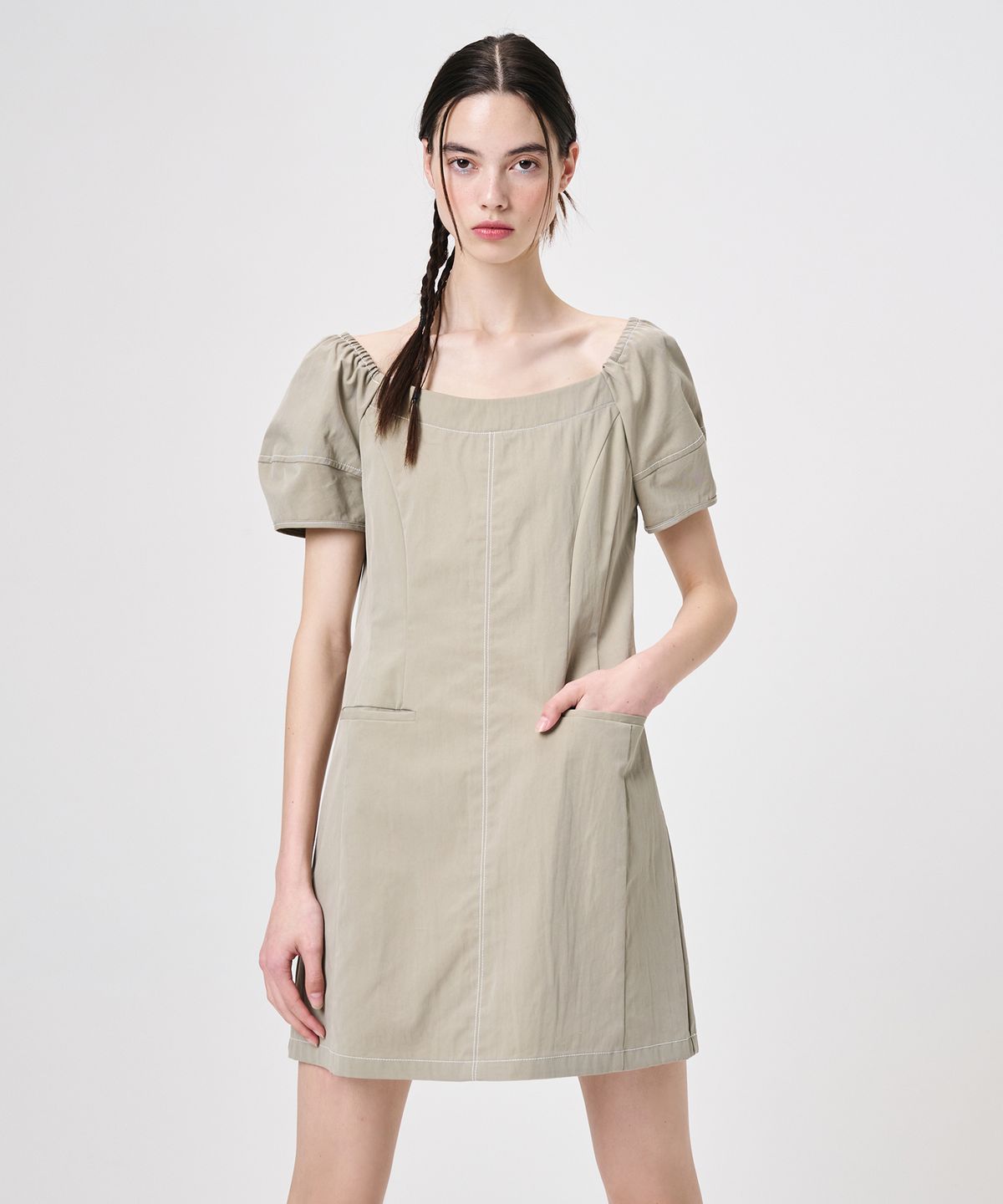 에트몽(ETMON) Stitch Puff Mini Dress, Light Khaki