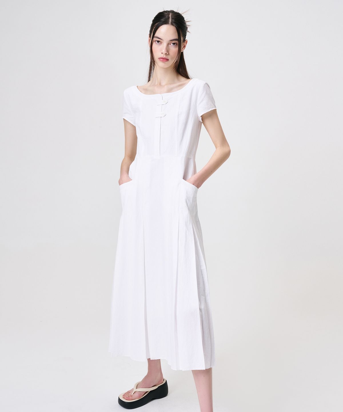 에트몽(ETMON) Linen Pleats Dress, White