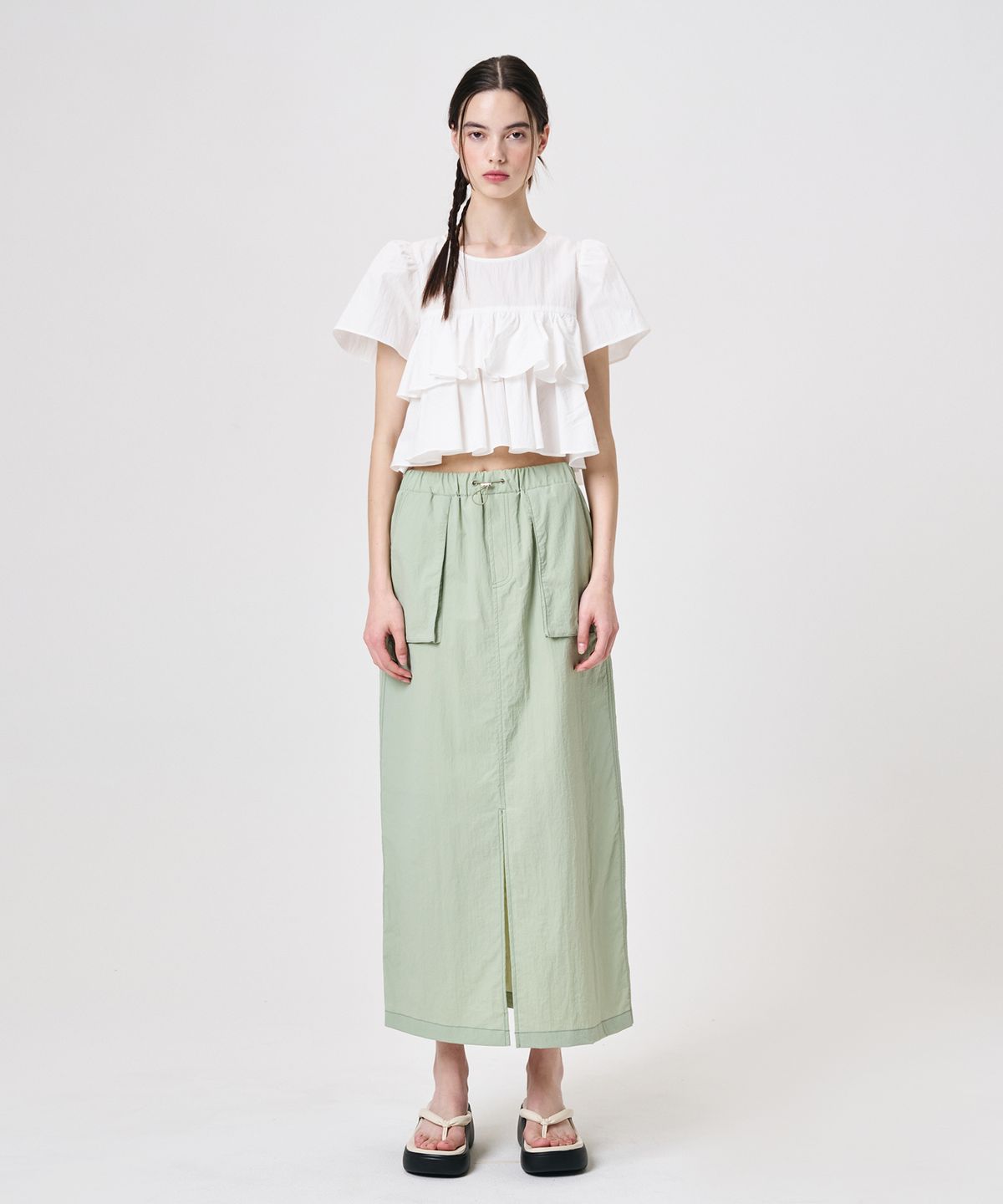 에트몽(ETMON) Pocket Stitch Maxi Skirt, Light Green
