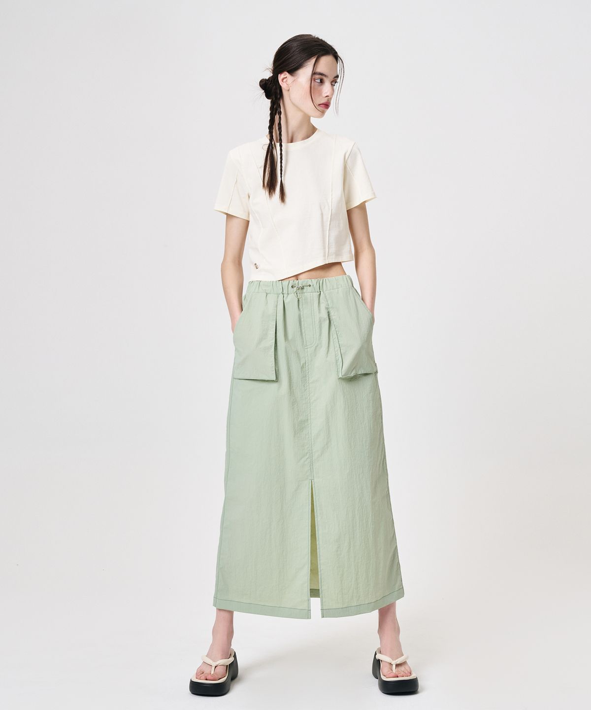 에트몽(ETMON) Pocket Stitch Maxi Skirt, Light Green