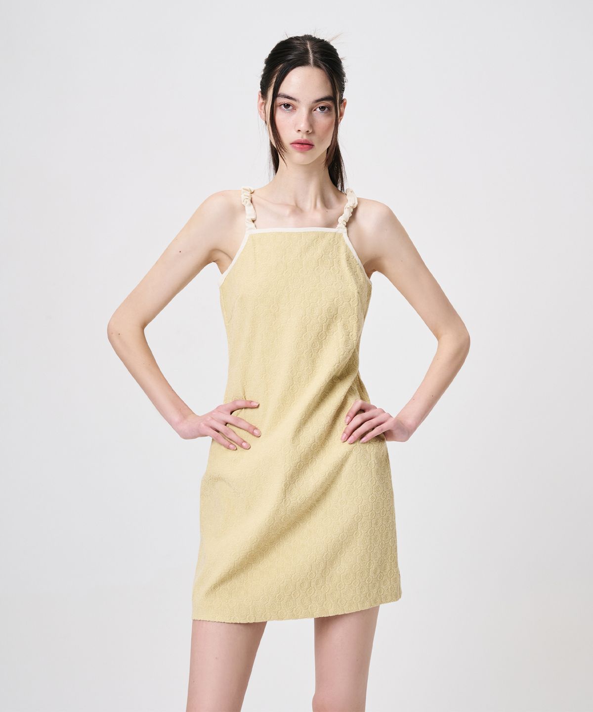 에트몽(ETMON) Slip Floral Jacquard Mini Dress, Yellow