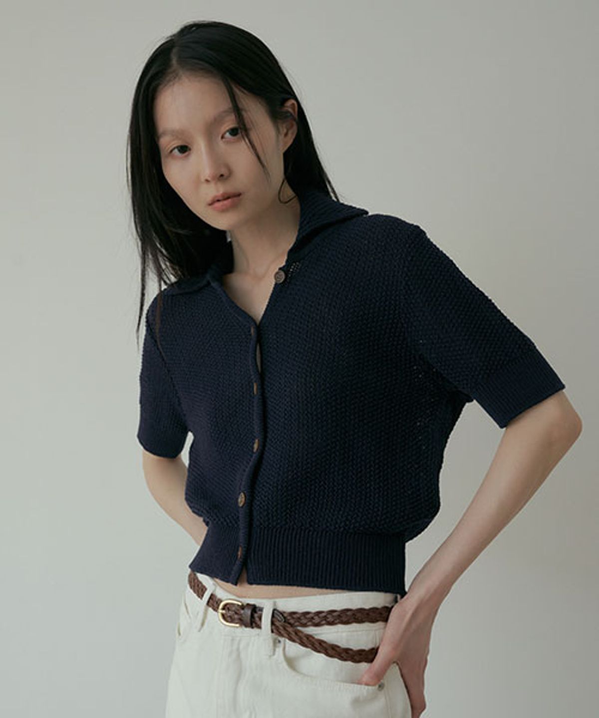 링서울(LINGSEOUL) open collar cotton knit-navy