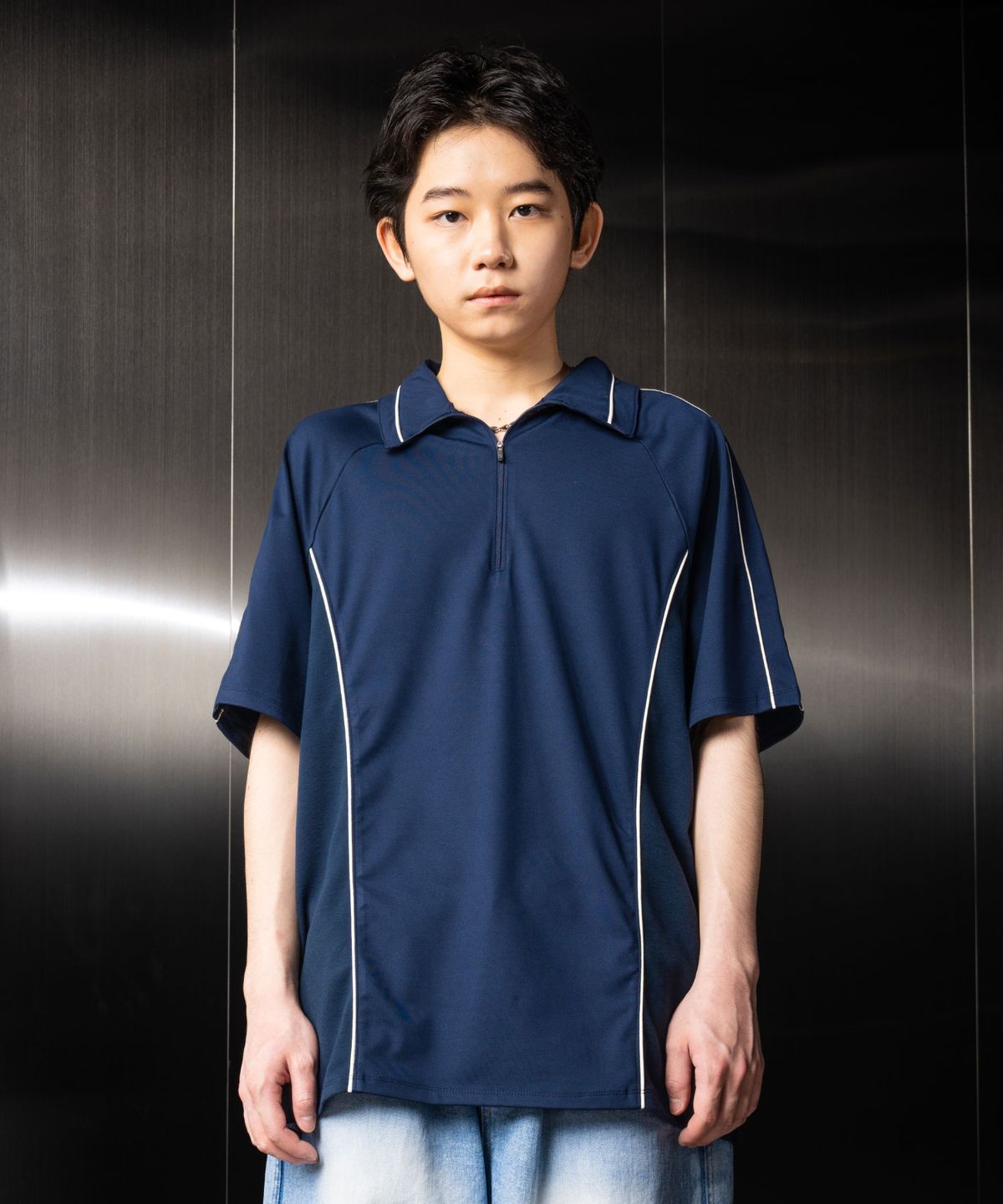 이우가마카라스(IUGAMAKARAS) Piping Half Zip-Up Jersey (Navy)
