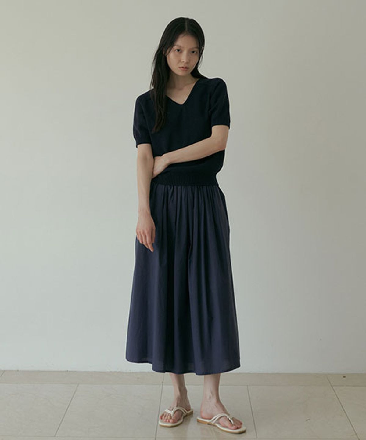 링서울(LINGSEOUL) rayon blended shirring skirt-navy