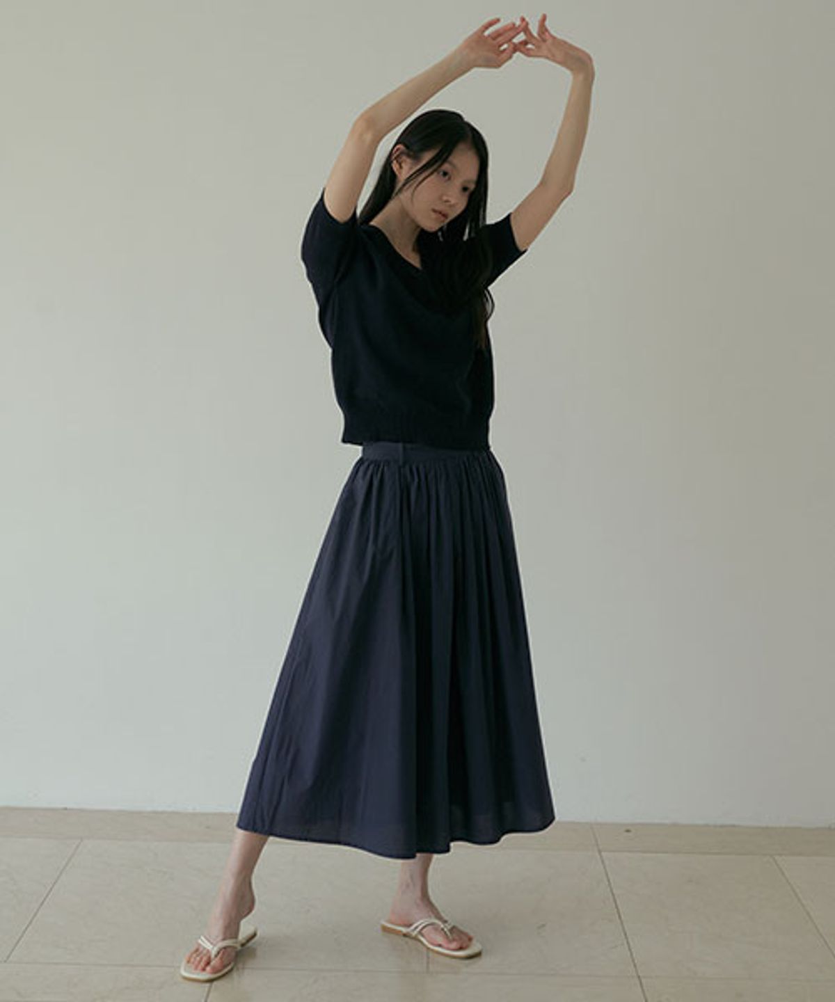 링서울(LINGSEOUL) rayon blended shirring skirt-navy