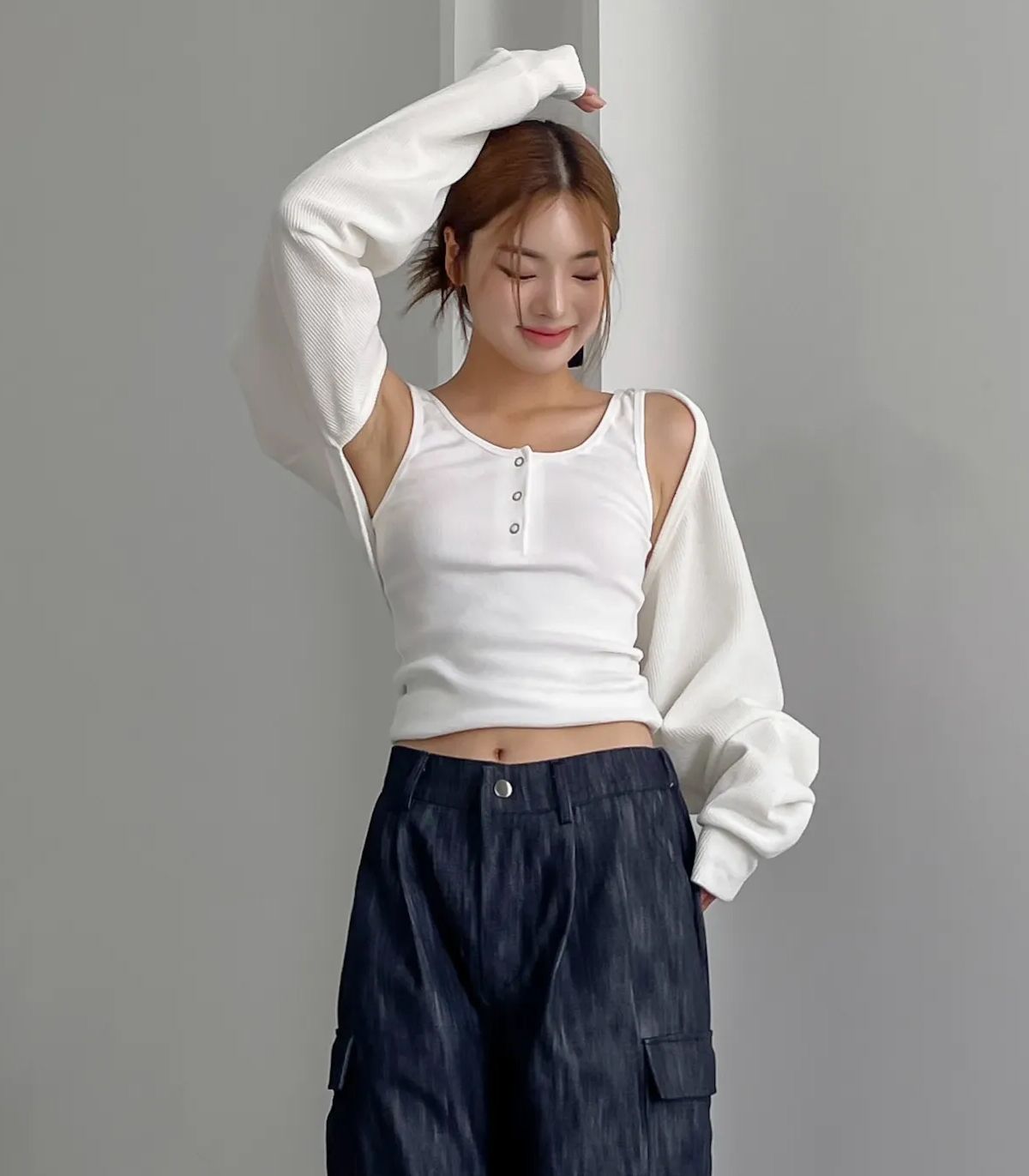 어커버(ACOVER) 스냅 헨리넥 골지 슬리브리스 3color