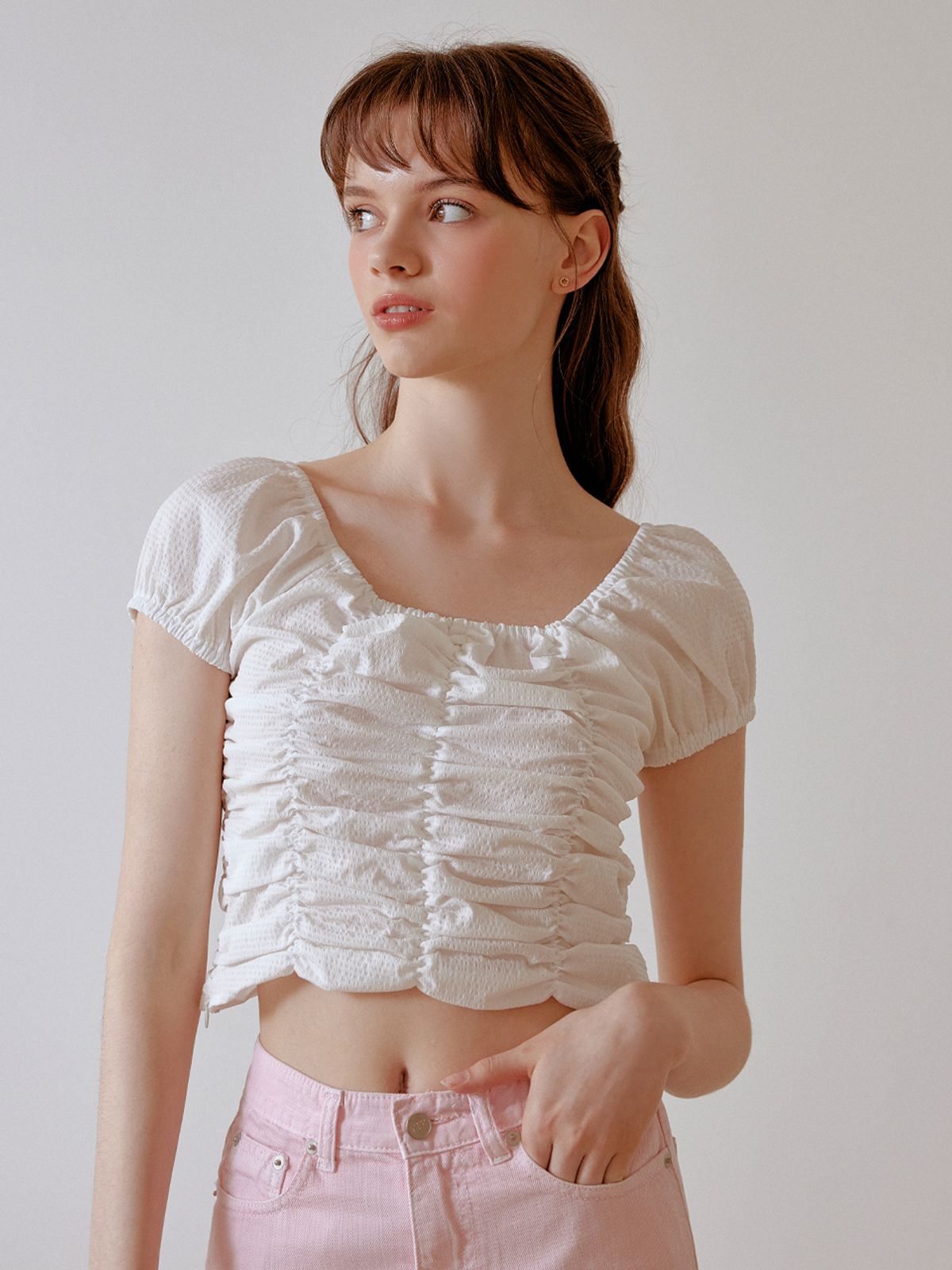 리엘(RE L) Puffy shirring blouse (white)