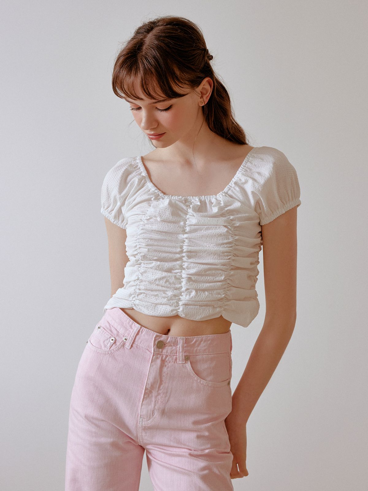 리엘(RE L) Puffy shirring blouse (white)