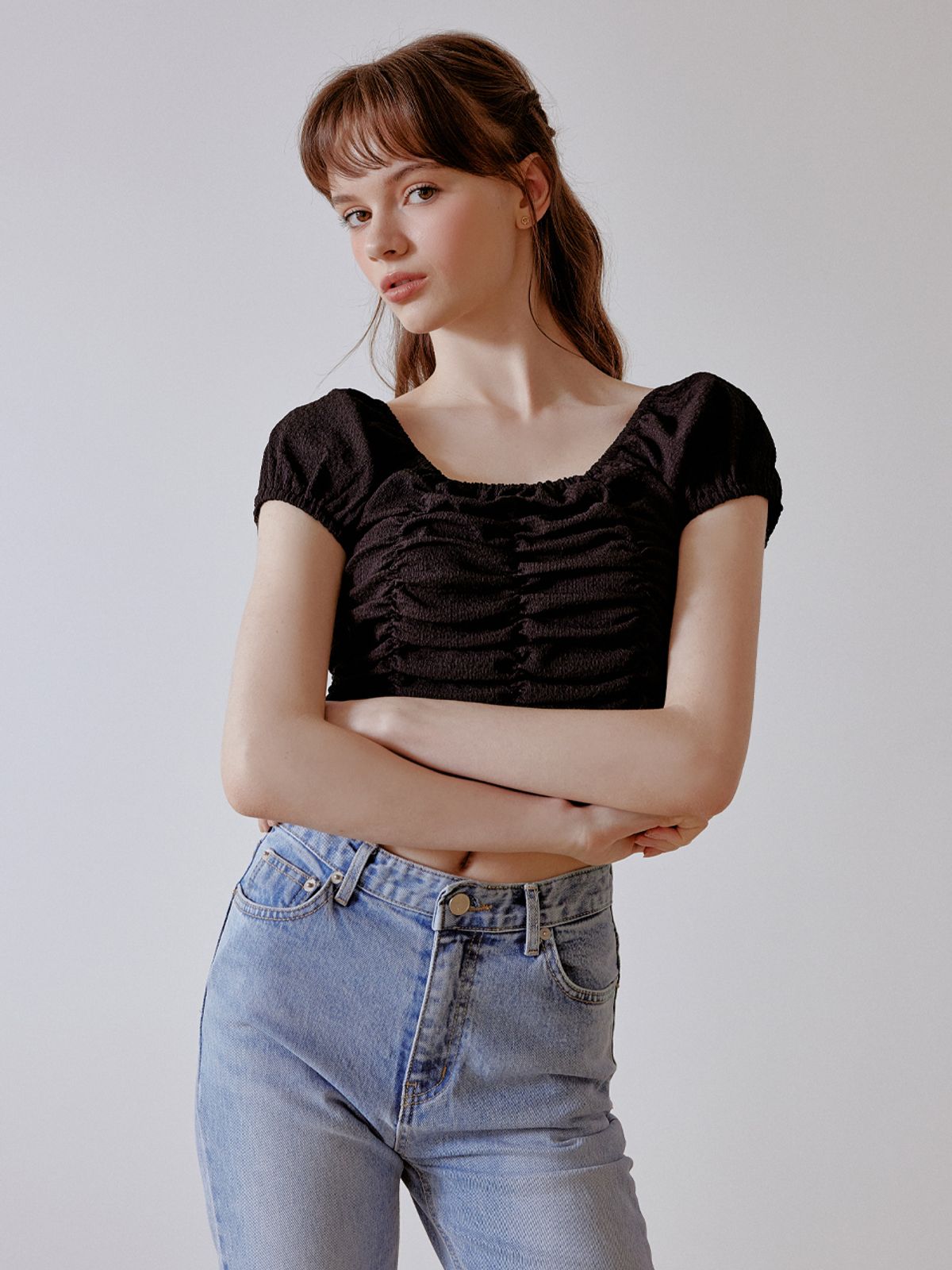 리엘(RE L) Puffy shirring blouse (black)