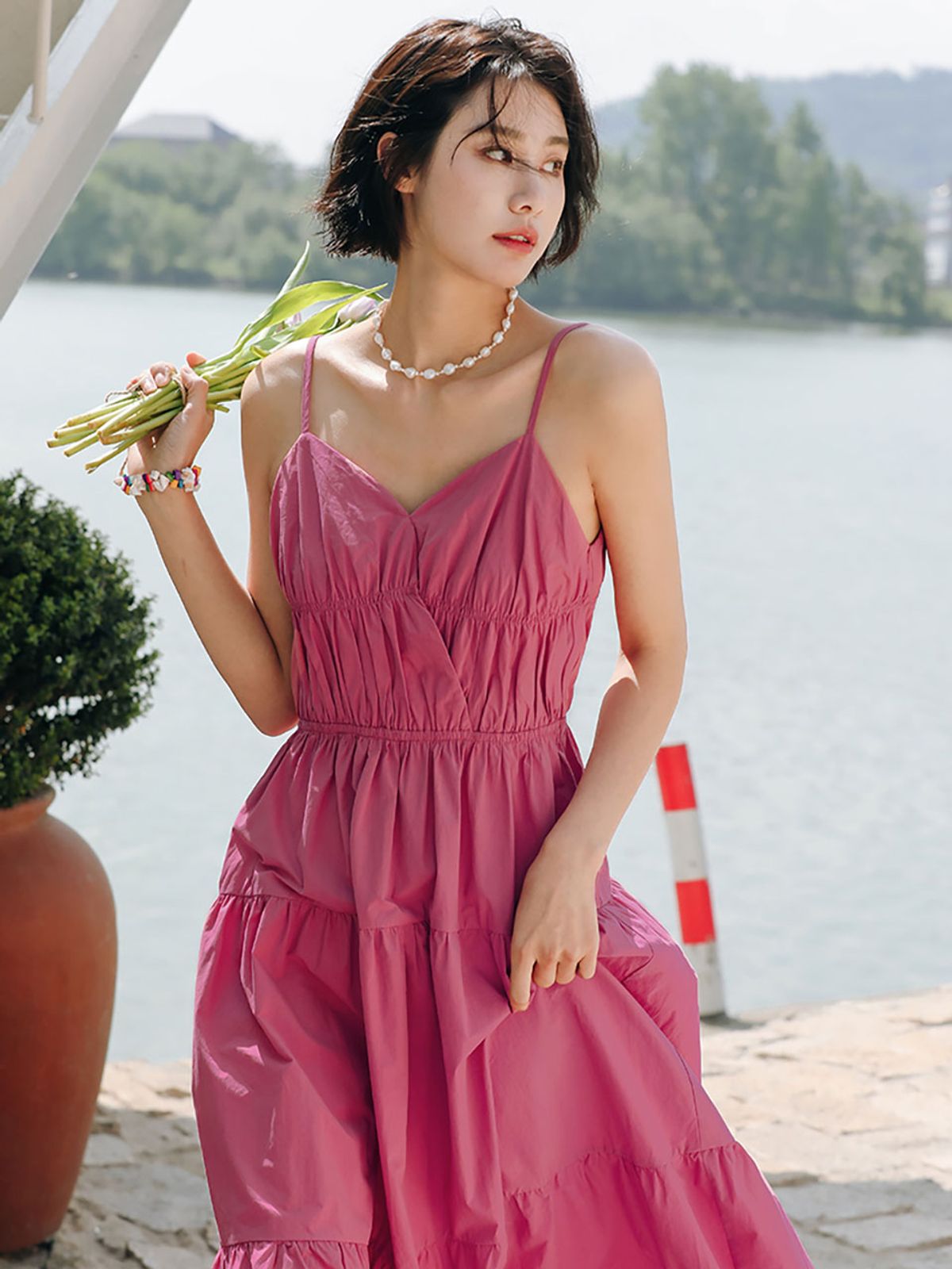랭썬(LANGSON) LS_Pink tube top v neck dress