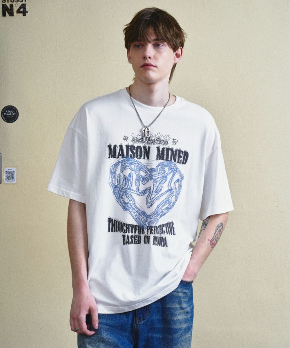 【MAISON MINED】23SS★ ORIGINAL HALF T MUSINSA | MAISON MINED DOODLE HEART HALF T WHITE GRAYISH BLUE