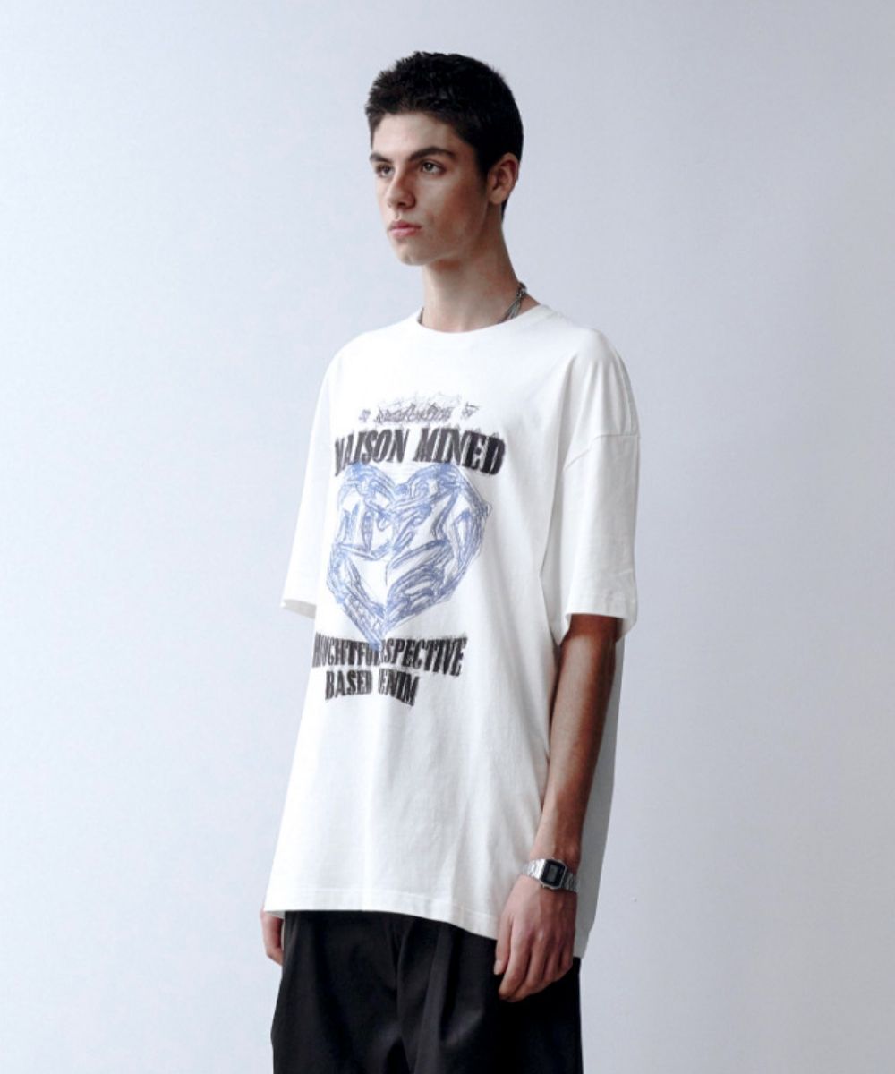 【MAISON MINED】24FW★ DOODLE HEART STRIPE HALF T MUSINSA | MAISON MINED DOODLE HEART HALF T WHITE GRAYISH BLUE