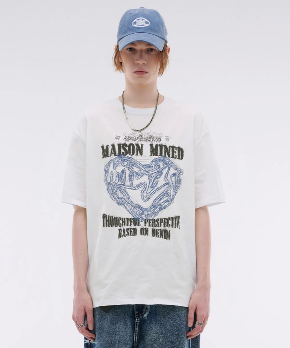 MAISON MINED/DOODLE HEART HALF T/ユニセックス MUSINSA | MAISON MINED DOODLE HEART HALF T WHITE GRAYISH BLUE