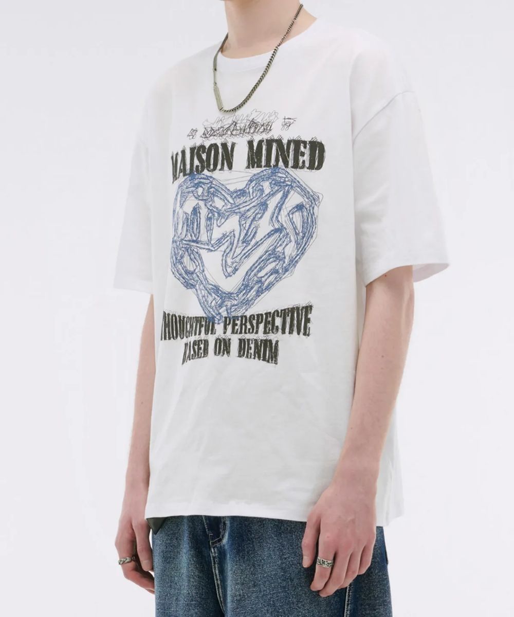 MUSINSA | MAISON MINED DOODLE HEART HALF T WHITE GRAYISH BLUE