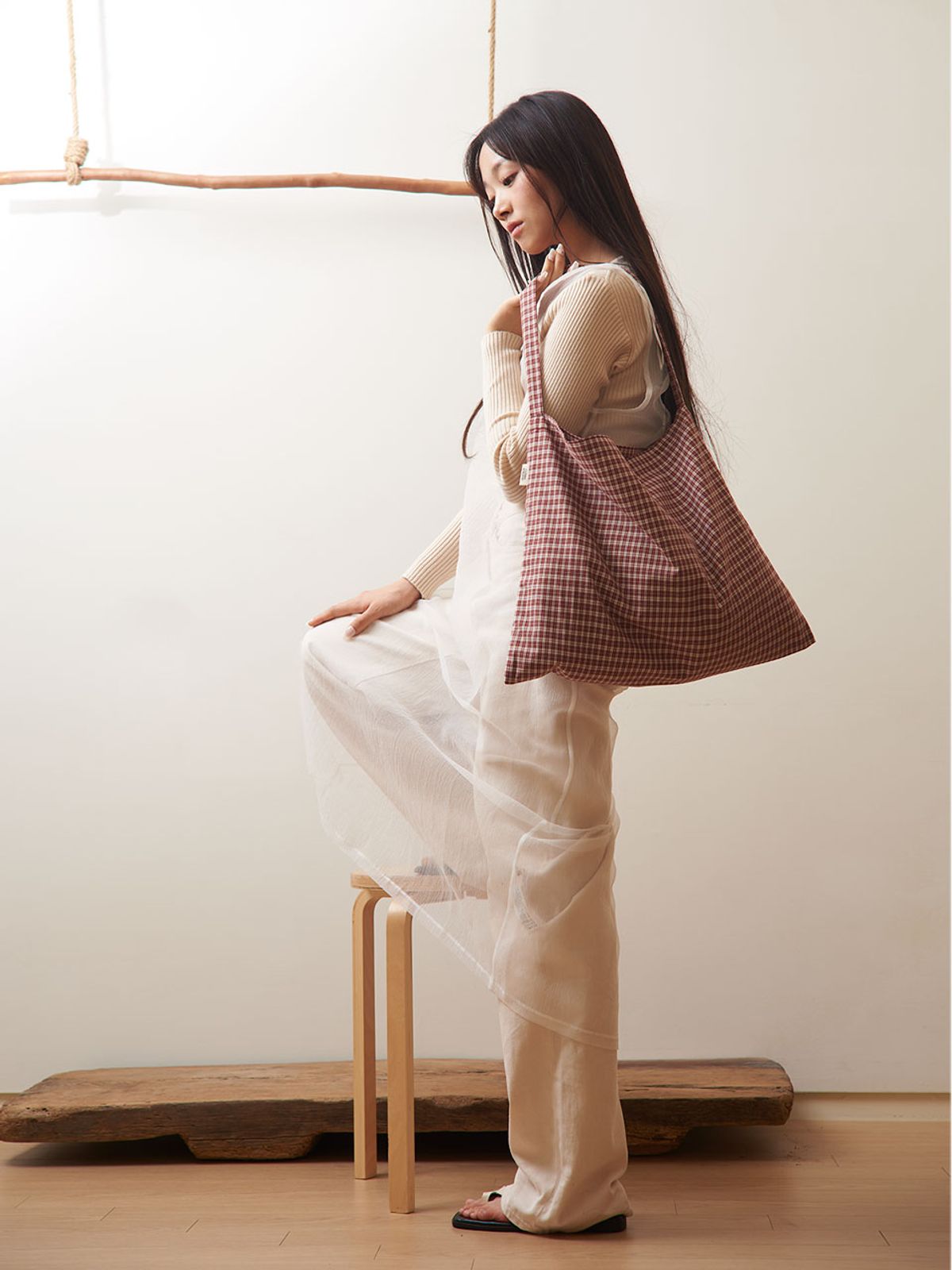 메종크렘(MAISON CREME) Check eco bag _ Burgundy