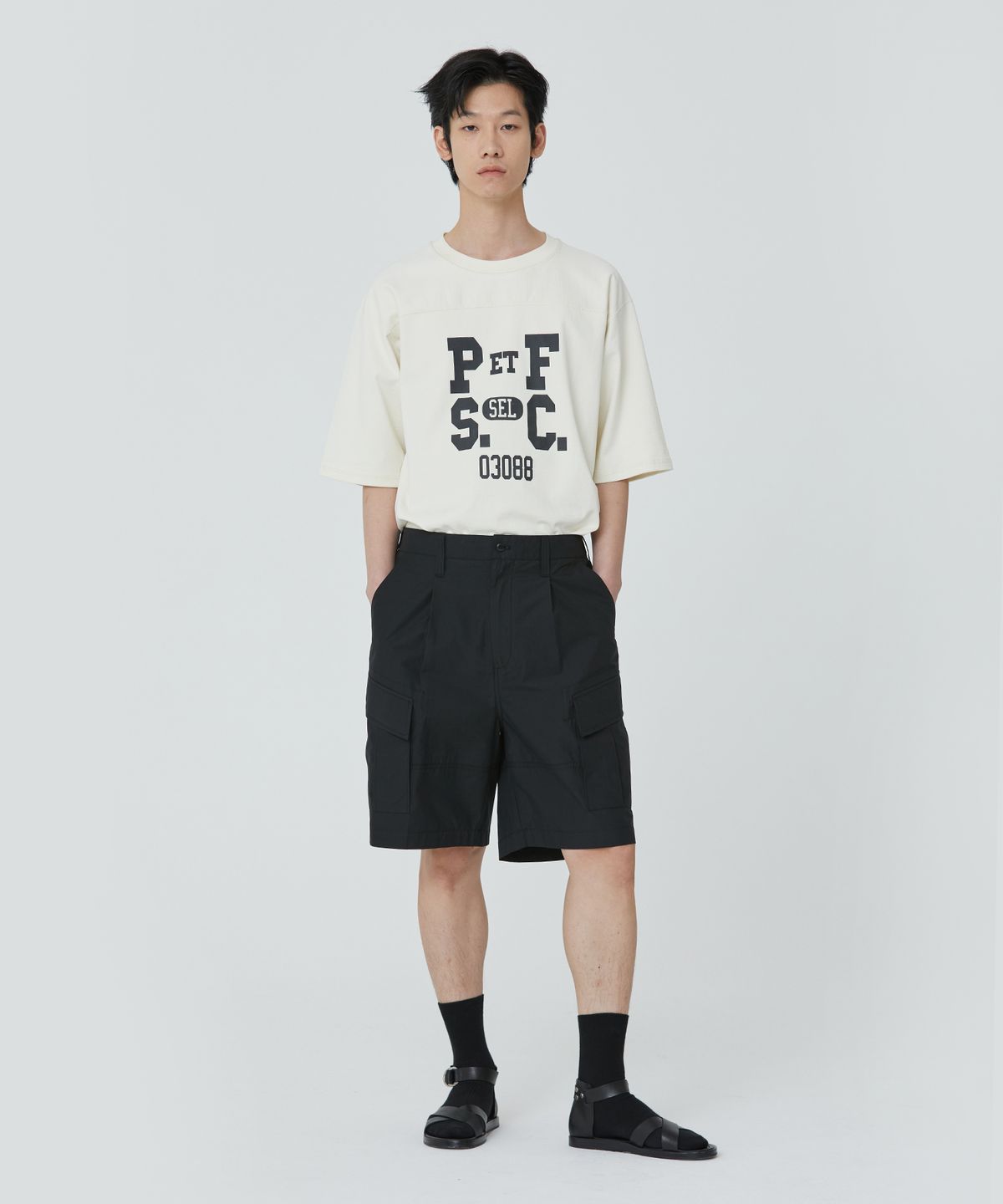퍼블릭피겨(PUBLICFIGURE) 샴브레이 패치포켓 하프팬츠_블랙