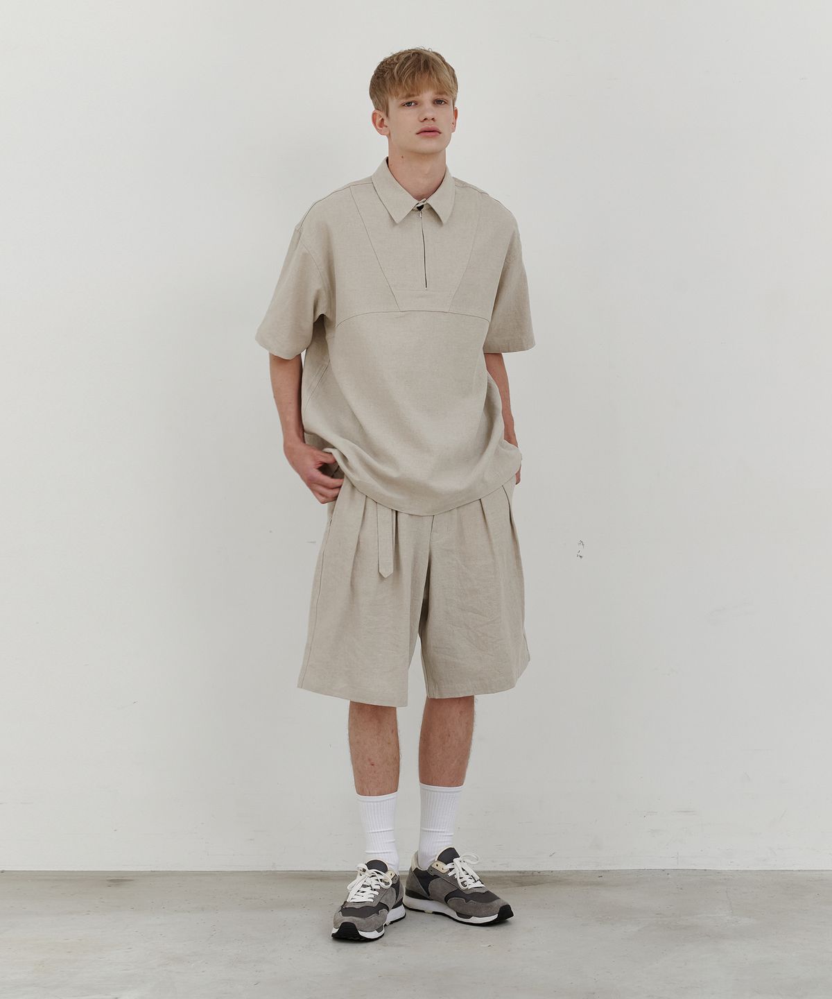 엔도어(ENDOOR) Decker linen zip-up 1/2 shirt (beige)